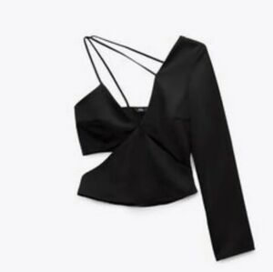 New Zara Black Cutout One Shoulder Satin Top XS
